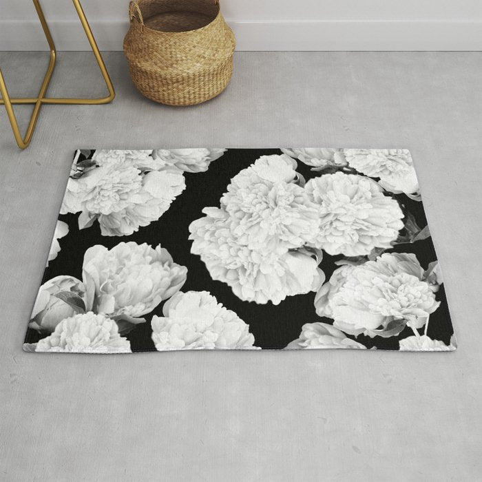White Peony Flowers Black Background #decor #society6 #buyart Rug Gallery Image 1
