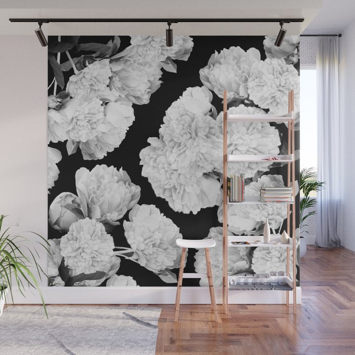 White Peony Flowers Black Background #decor #society6 #buyart Wall Mural Gallery Image 1