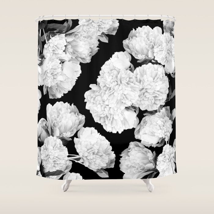 White Peony Flowers Black Background #decor #society6 #buyart Shower Curtain Gallery Image 1