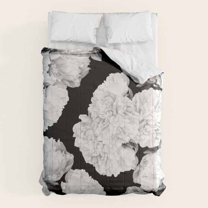 White Peony Flowers Black Background #decor #society6 #buyart Comforter Gallery Image 1