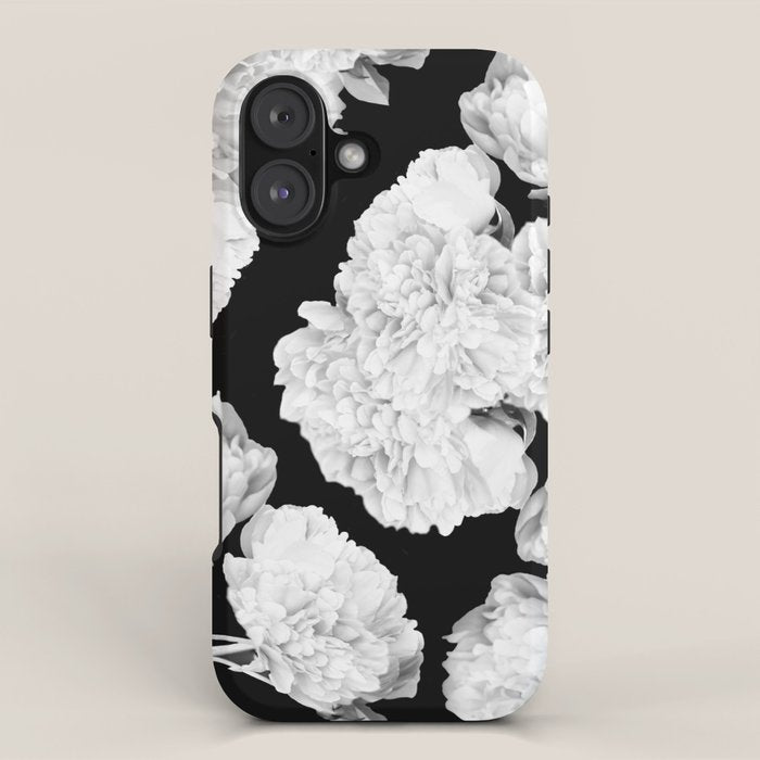White Peony Flowers Black Background #decor #society6 #buyart iPhone Case Gallery Image 1