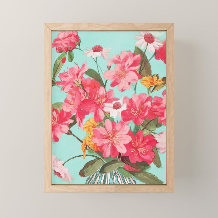 Azalea and Wildflower Bouquet on Teal Mini Art Print Gallery Image 1
