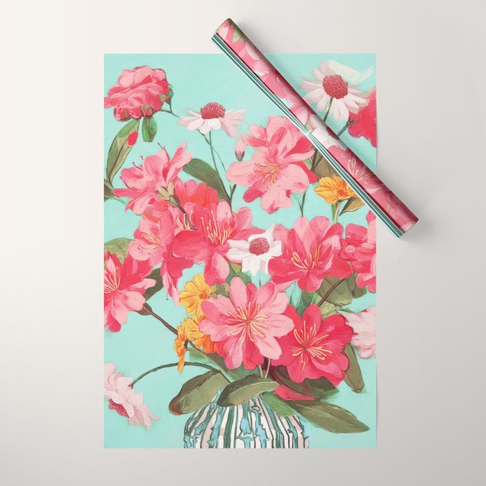 Azalea and Wildflower Bouquet on Teal Wrapping Paper Gallery Image 1