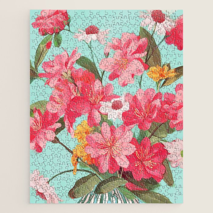 Azalea and Wildflower Bouquet on Teal Jigsaw Puzzle Gallery Image 1