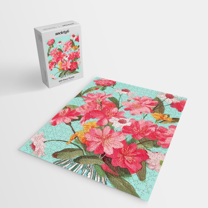 Azalea and Wildflower Bouquet on Teal Jigsaw Puzzle Gallery Image 2