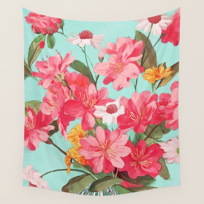 Azalea and Wildflower Bouquet on Teal Wall Tapestry Gallery Image 1