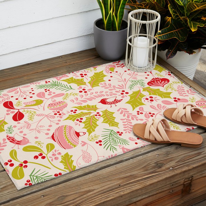 Wonderful ditsy holiday joy pink Outdoor Rug Gallery Image 2