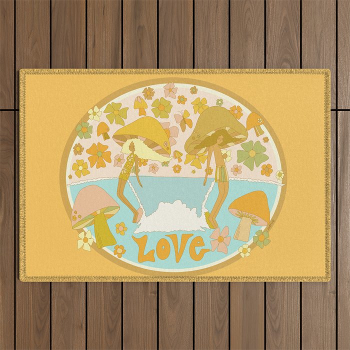 mushy love mushroom longboard surf // retro art by surfy birdy Outdoor Rug Gallery Image 1
