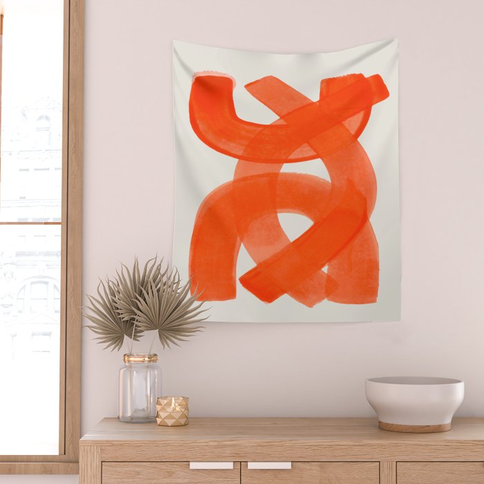 Mid Century Modern Abstract Painting Orange Watercolor Brush Strokes Wall Tapestry Gallery Image 2