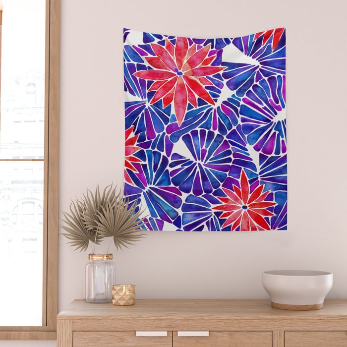Water Lilies - Indigo & Red Palette Wall Tapestry Gallery Image 2