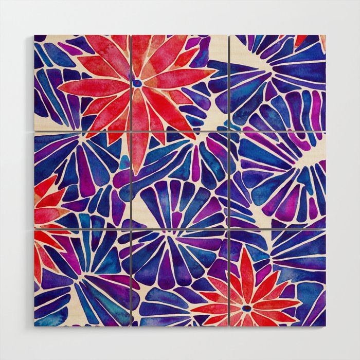Water Lilies - Indigo & Red Palette Wood Wall Art Gallery Image 1