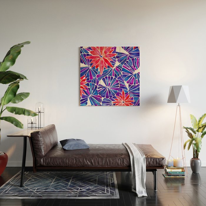 Water Lilies - Indigo & Red Palette Wood Wall Art Gallery Image 2