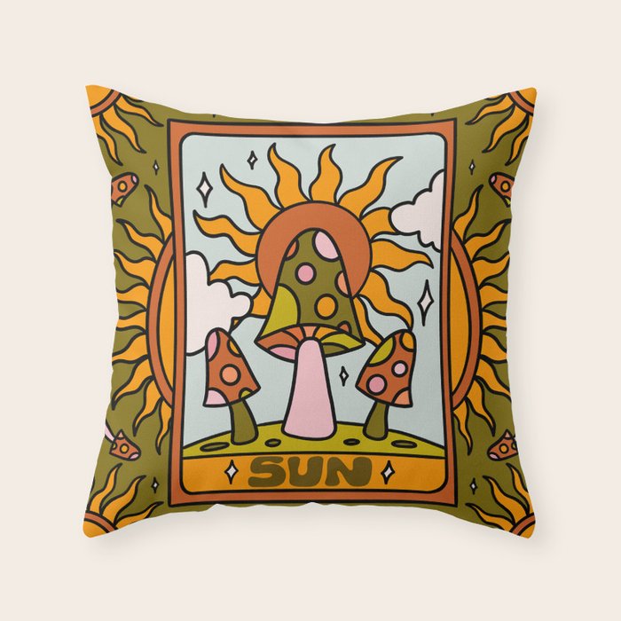 19. Sun Tarot Mushroom Throw Pillow Gallery Image 1