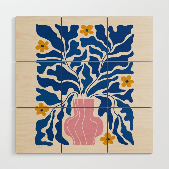 Summer Bloom: Electric Blue Leaves & Golden Poppies Wood Wall Art Gallery Image 1