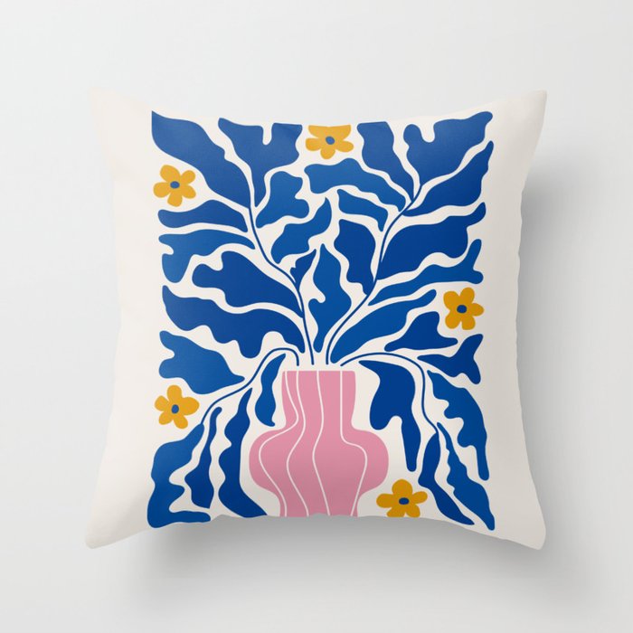 Summer Bloom: Electric Blue Leaves & Golden Poppies Throw Pillow Gallery Image 6