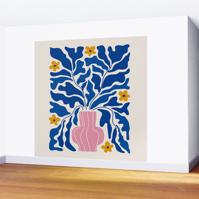 Summer Bloom: Electric Blue Leaves & Golden Poppies Wall Mural Gallery Image 2