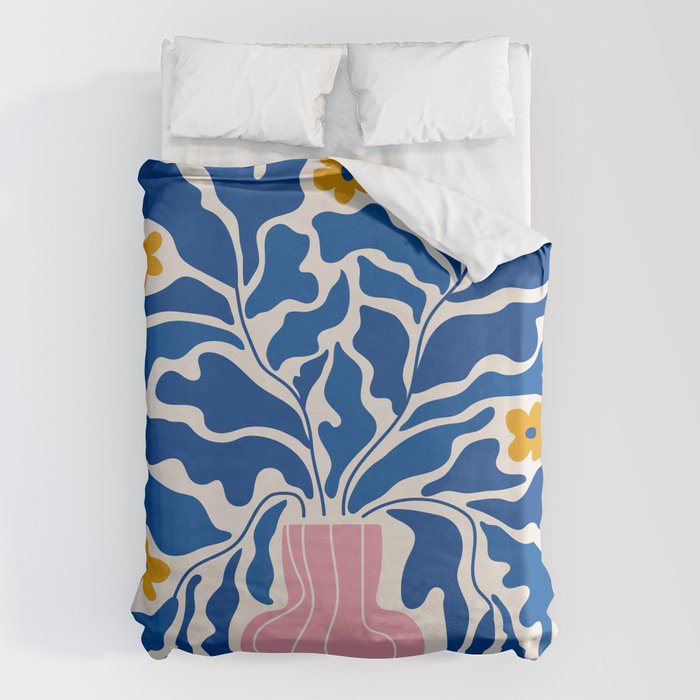 Summer Bloom: Electric Blue Leaves & Golden Poppies Duvet Cover Gallery Image 1