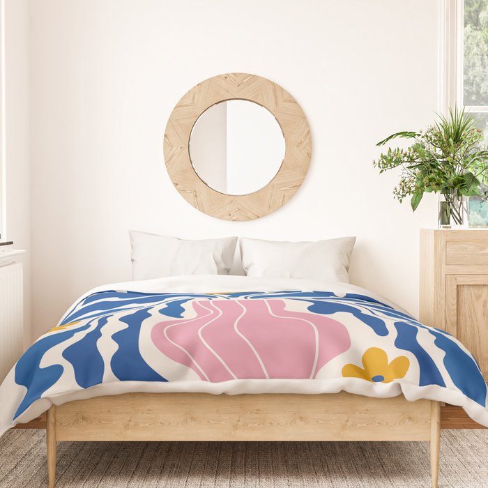 Summer Bloom: Electric Blue Leaves & Golden Poppies Duvet Cover Gallery Image 3