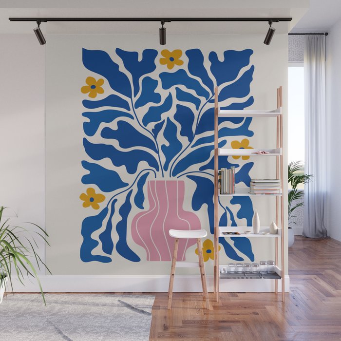 Summer Bloom: Electric Blue Leaves & Golden Poppies Wall Mural Gallery Image 1