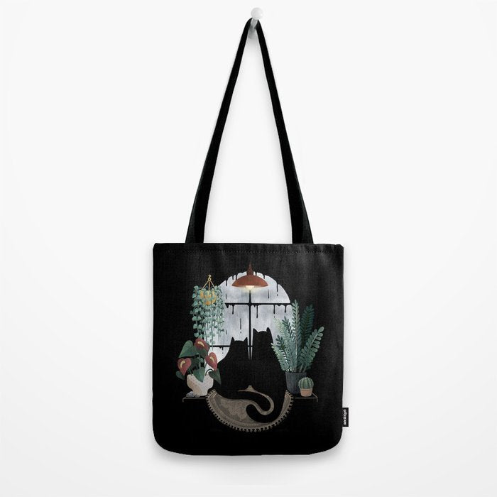 Rainy Day Cats on Black Tote Bag Gallery Image 2