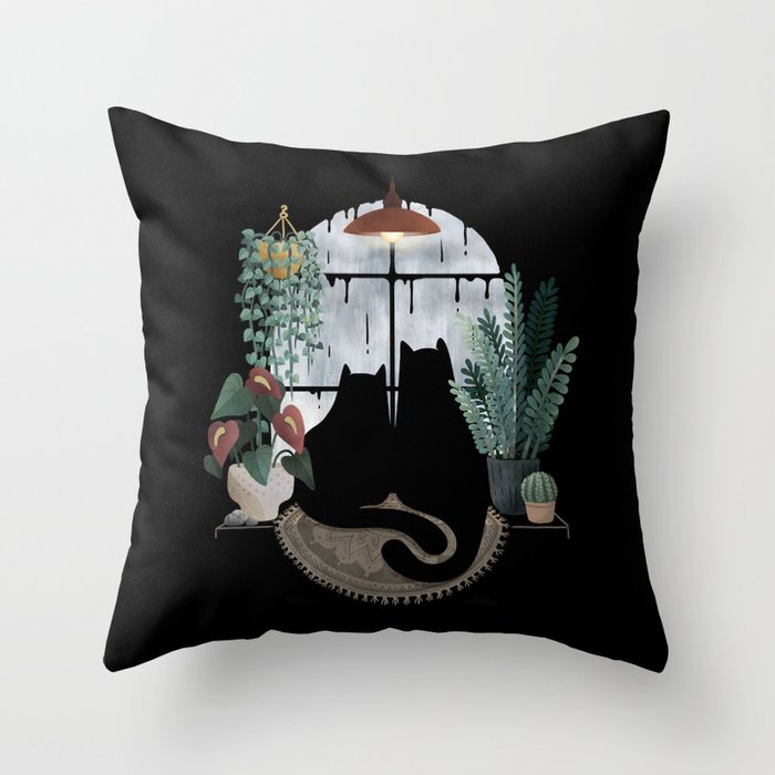 Rainy Day Cats on Black Throw Pillow Gallery Image 1