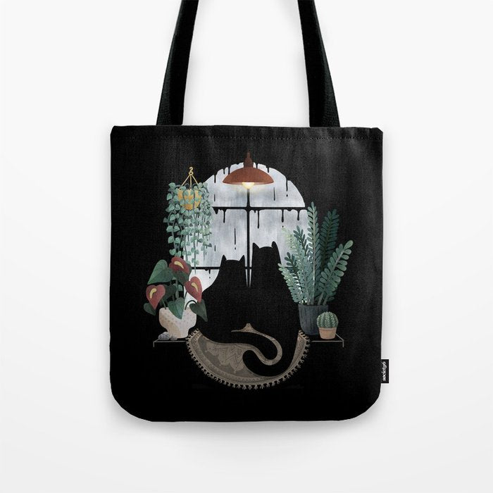 Rainy Day Cats on Black Tote Bag Gallery Image 1
