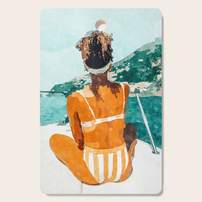 Solo Traveler, Watercolor Black Woman Painting, Travel Tropical Summer Illustration Cutting Board Gallery Image 1