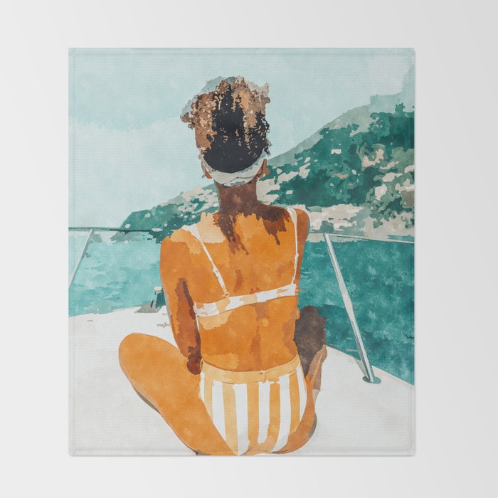Solo Traveler, Watercolor Black Woman Painting, Travel Tropical Summer Illustration Throw Blanket Gallery Image 2