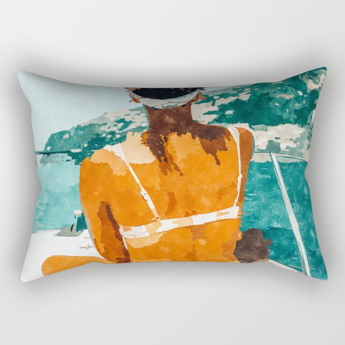 Solo Traveler, Watercolor Black Woman Painting, Travel Tropical Summer Illustration Rectangular Pillow Gallery Image 2