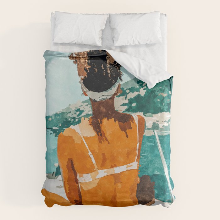 Solo Traveler, Watercolor Black Woman Painting, Travel Tropical Summer Illustration Duvet Cover Gallery Image 6