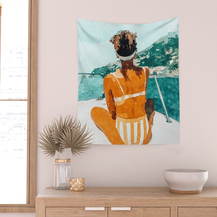 Solo Traveler, Watercolor Black Woman Painting, Travel Tropical Summer Illustration Wall Tapestry Gallery Image 2