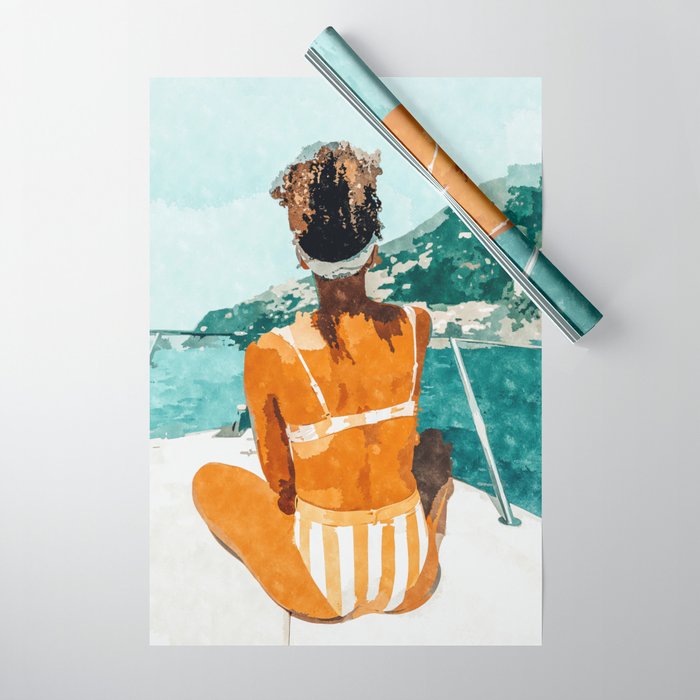 Solo Traveler, Watercolor Black Woman Painting, Travel Tropical Summer Illustration Wrapping Paper Gallery Image 1