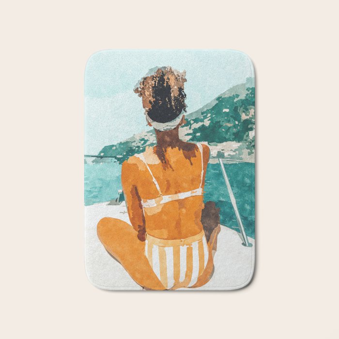 Solo Traveler, Watercolor Black Woman Painting, Travel Tropical Summer Illustration Bath Mat Gallery Image 1