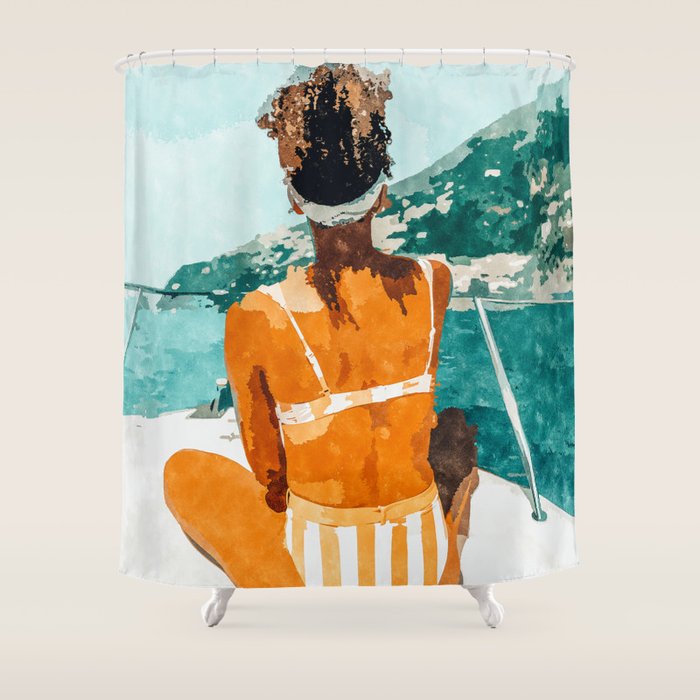 Solo Traveler, Watercolor Black Woman Painting, Travel Tropical Summer Illustration Shower Curtain Gallery Image 1
