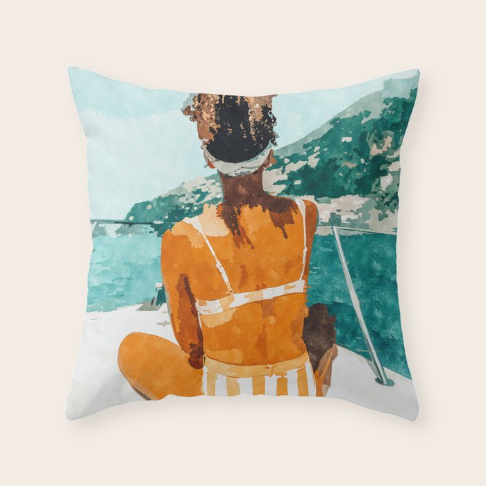 Solo Traveler, Watercolor Black Woman Painting, Travel Tropical Summer Illustration Throw Pillow Gallery Image 6