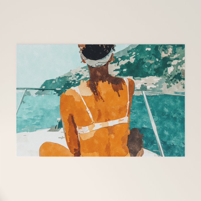 Solo Traveler, Watercolor Black Woman Painting, Travel Tropical Summer Illustration Welcome Mat Gallery Image 1