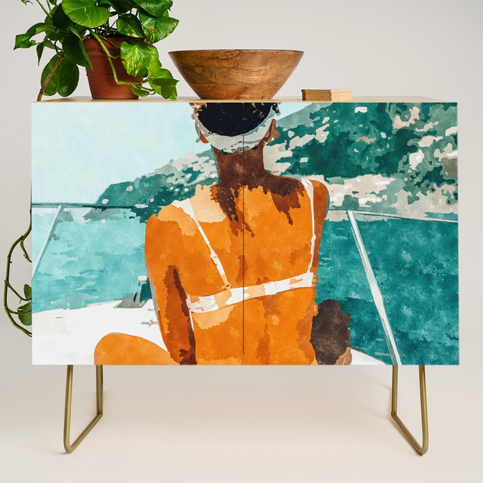 Solo Traveler, Watercolor Black Woman Painting, Travel Tropical Summer Illustration Credenza Gallery Image 1