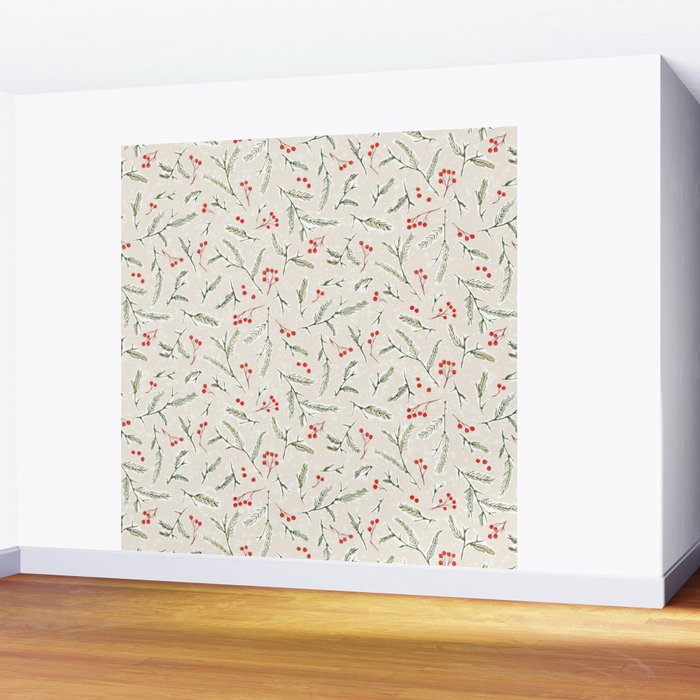 Christmas Pine and Berries Neutral Wall Mural Gallery Image 2
