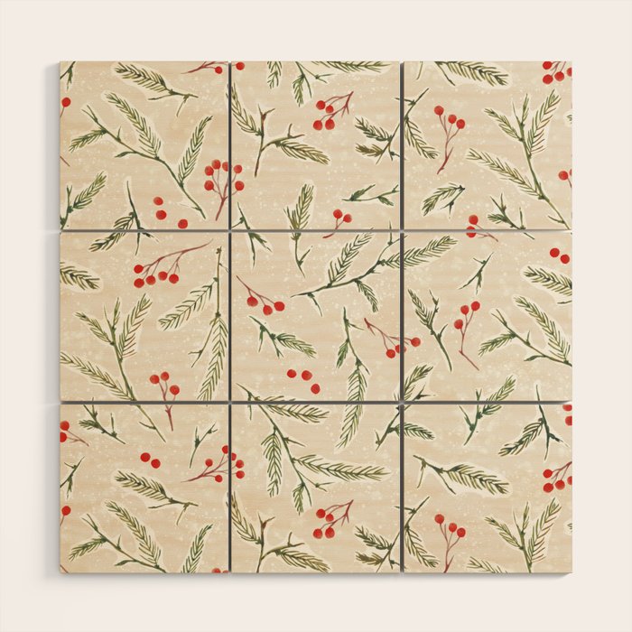 Christmas Pine and Berries Neutral Wood Wall Art Gallery Image 1