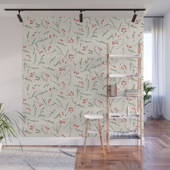 Christmas Pine and Berries Neutral Wall Mural