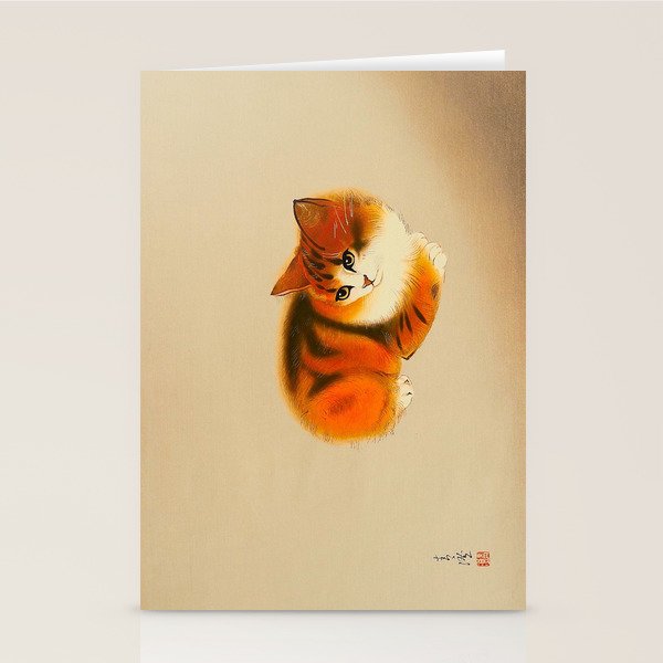 Orange Fluffy Kitten Japanese vintage Woodblock Print Stationery Card Gallery Image 1
