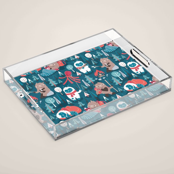 Besties // blue background white Yeti brown Bigfoot blue pine trees red and coral details Acrylic Tray Gallery Image 1