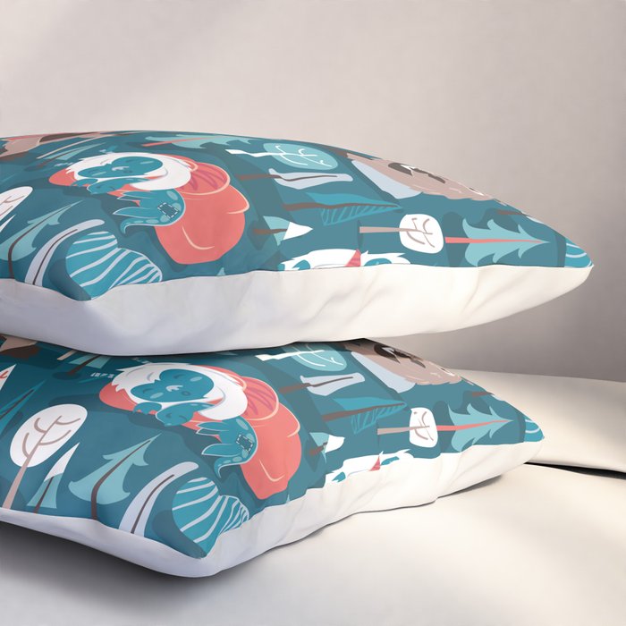Besties // blue background white Yeti brown Bigfoot blue pine trees red and coral details Pillow Sham Gallery Image 3