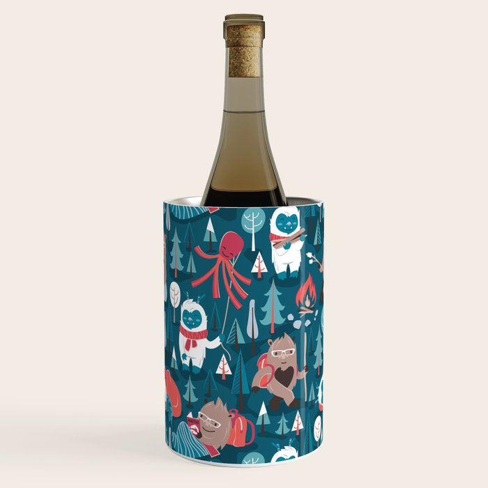 Besties // blue background white Yeti brown Bigfoot blue pine trees red and coral details Wine Chiller Gallery Image 1
