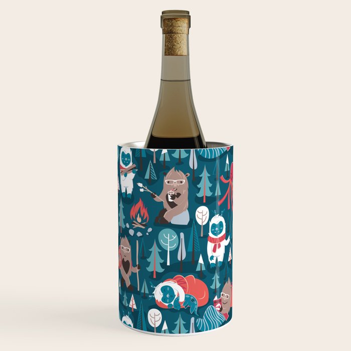 Besties // blue background white Yeti brown Bigfoot blue pine trees red and coral details Wine Chiller Gallery Image 3