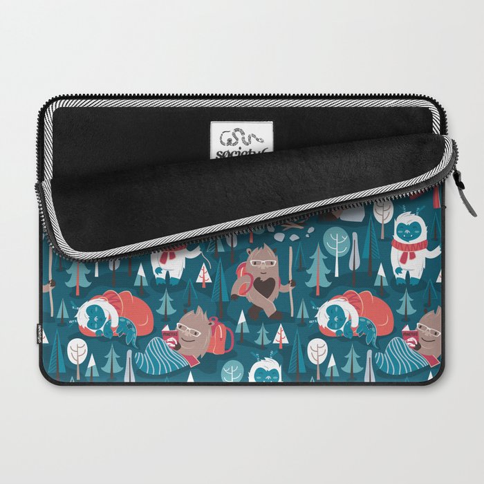 Besties // blue background white Yeti brown Bigfoot blue pine trees red and coral details Laptop Sleeve Gallery Image 2