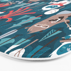 Besties // blue background white Yeti brown Bigfoot blue pine trees red and coral details Bath Mat Gallery Image 3
