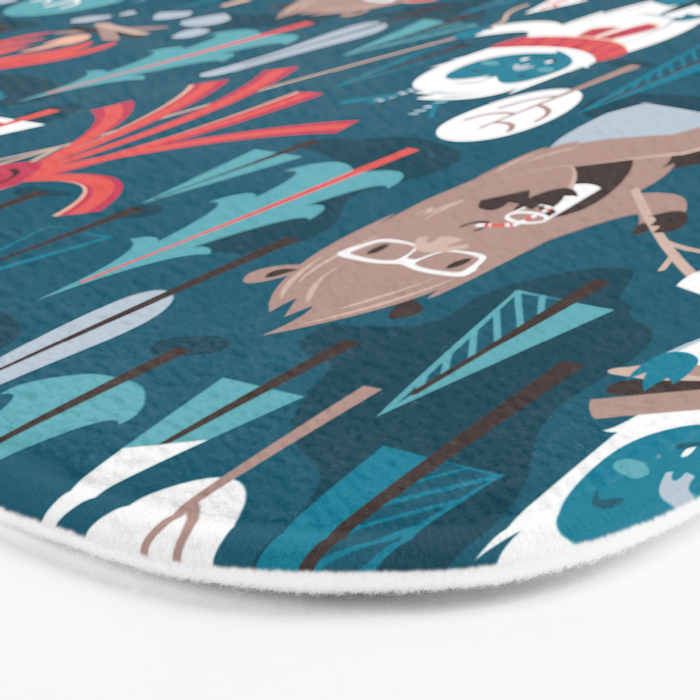 Besties // blue background white Yeti brown Bigfoot blue pine trees red and coral details Bath Mat Gallery Image 3