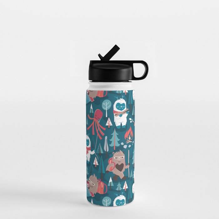 Besties // blue background white Yeti brown Bigfoot blue pine trees red and coral details Water Bottle Gallery Image 1
