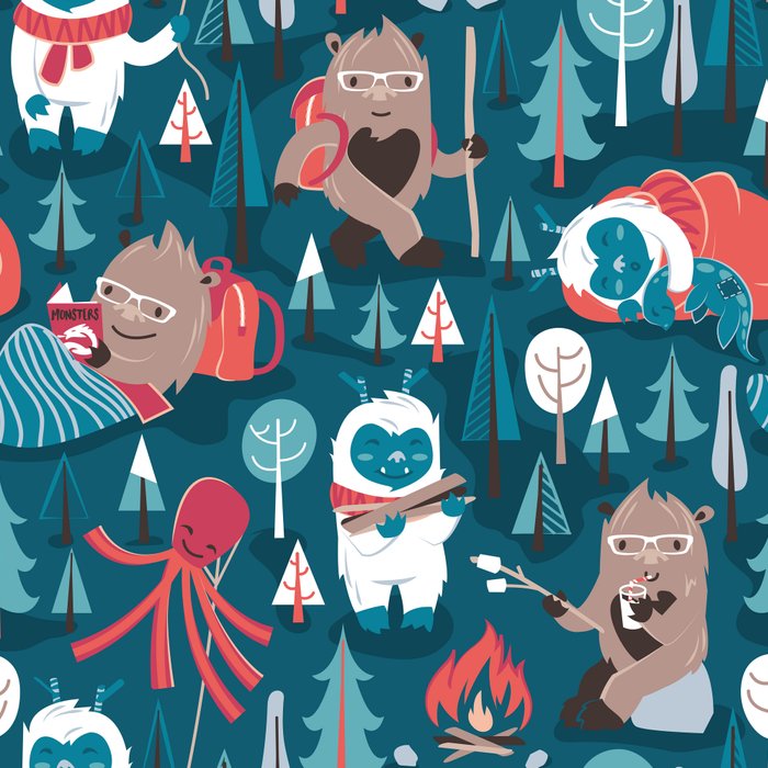 Besties // blue background white Yeti brown Bigfoot blue pine trees red and coral details Coffee Mug Gallery Image 2
